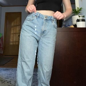 light blue topshop high rise moto denim mom jeans